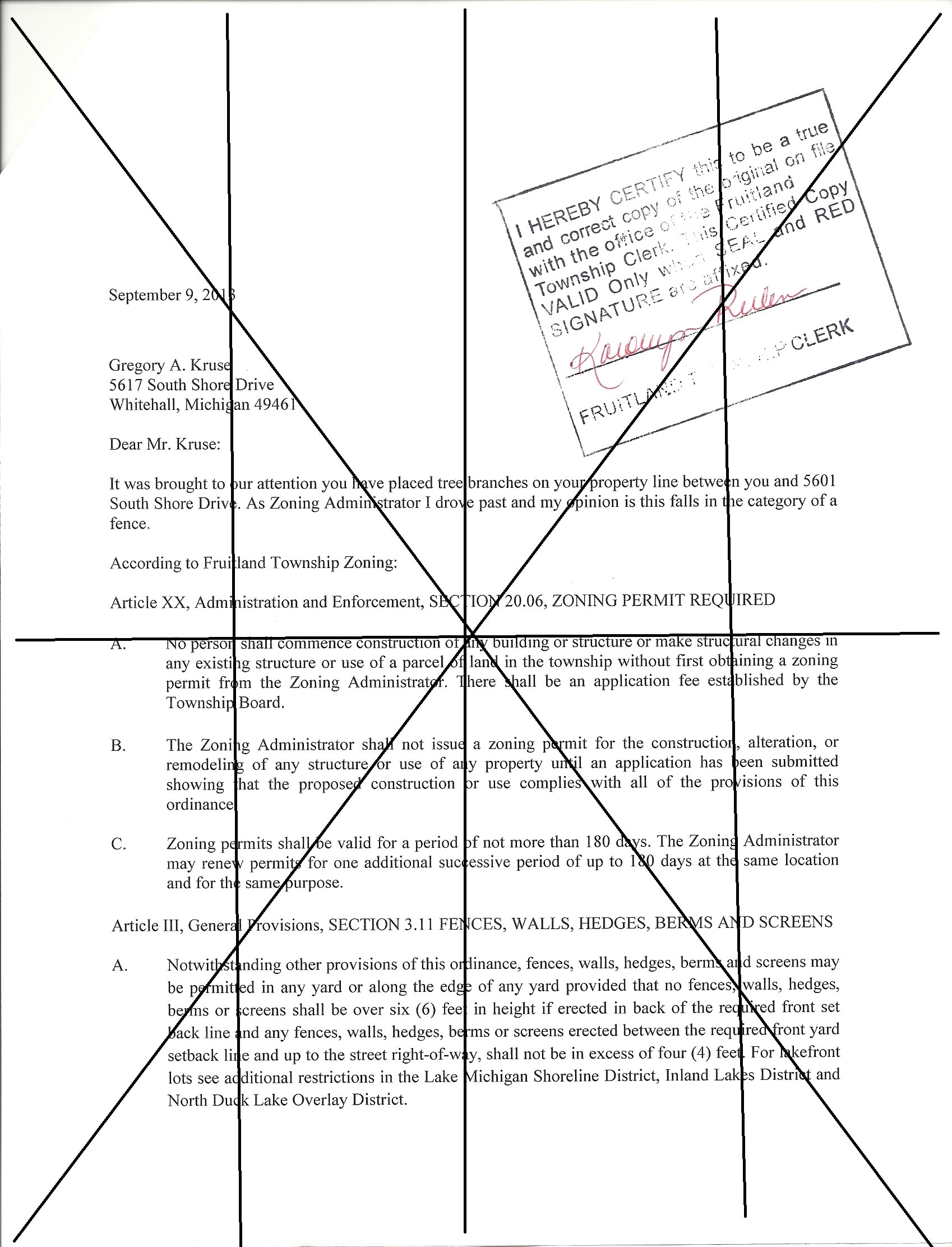 Zoning Administrator letter September 9, 2008 to Gregory A. Kruse regarding tree branches and zoning ordinance